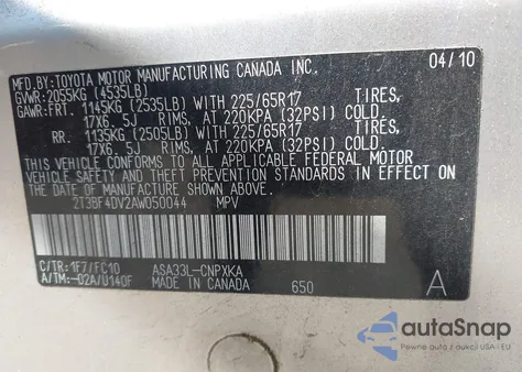 2010 Toyota Rav4 z USA, uszkodzony, nr VIN 2T3BF4DV2AW050044